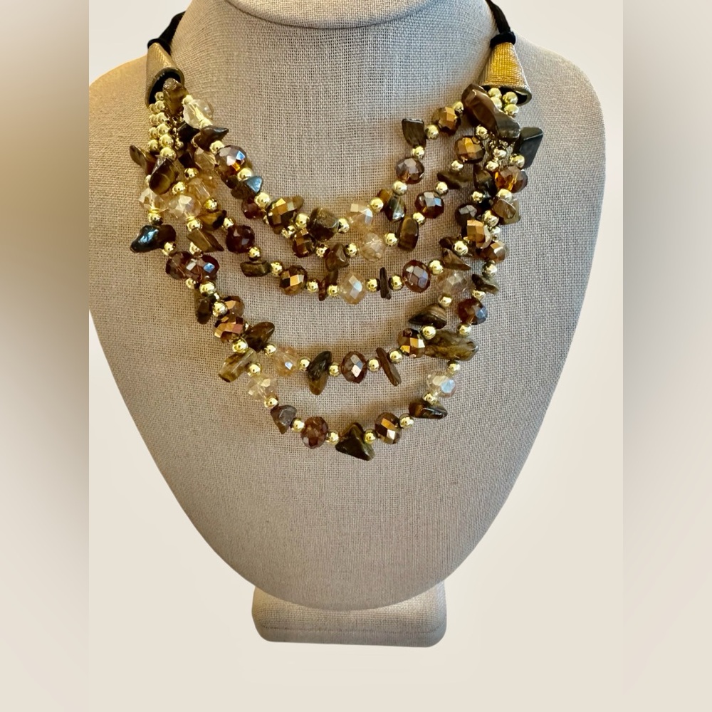 Multi-Strand Gold and Brown Beaded Necklace